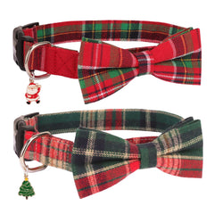PTDECOR Christmas dog collar with removable bow on plaid fabric for festive photos