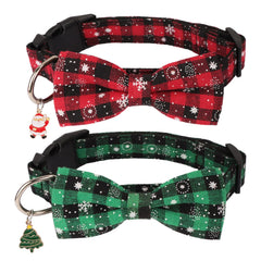 PTDECOR Christmas dog collar with green plaid snowflake, ideal for festive photos.
