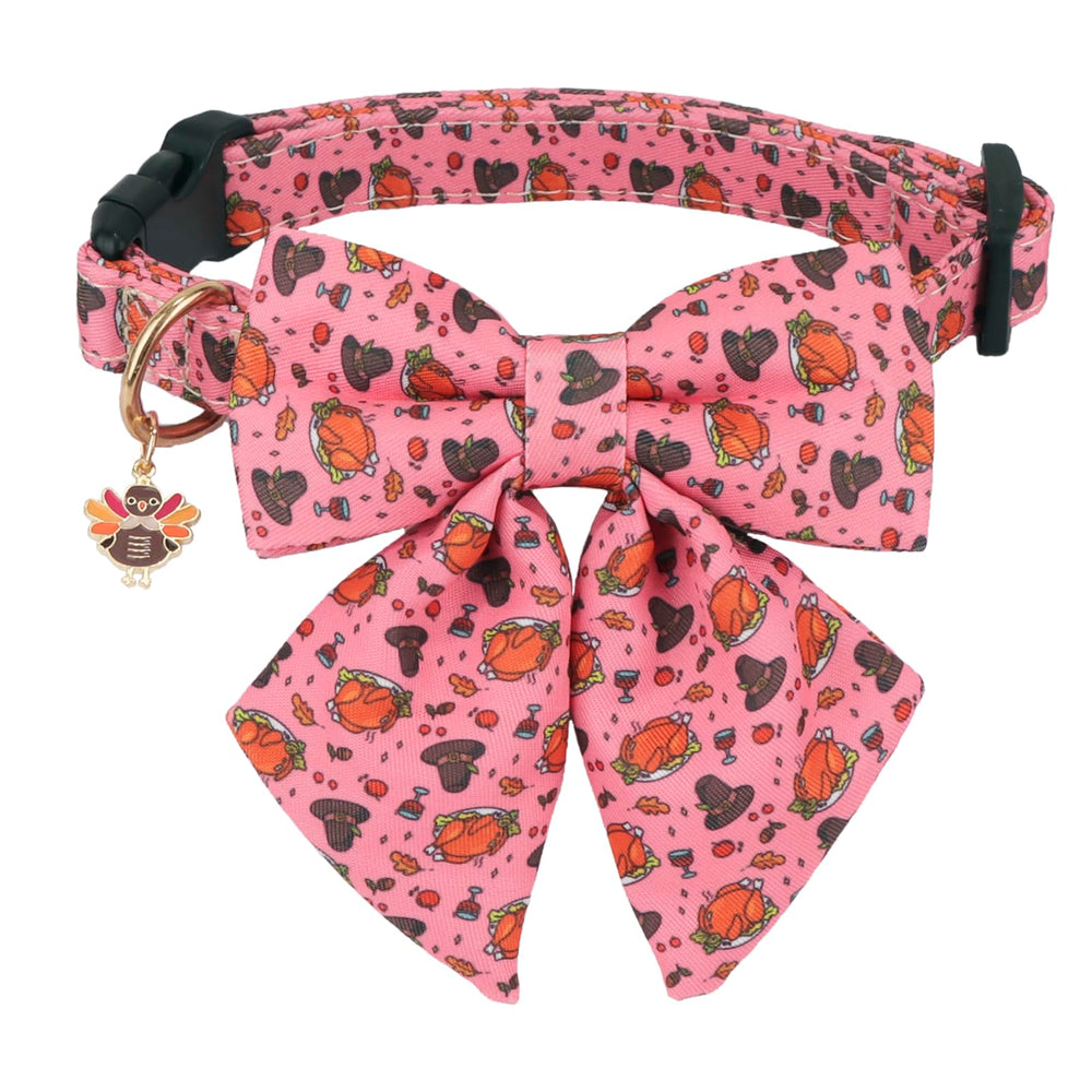 PTDECOR Thanksgiving dog collar bowtie pink turkey for festive holiday photos
