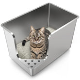 PTFFF stainless steel litter box front view reduces kicked litter and protects floors.