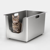PTFFF stainless steel litter box with high 11.8in sides for containment and odor control.