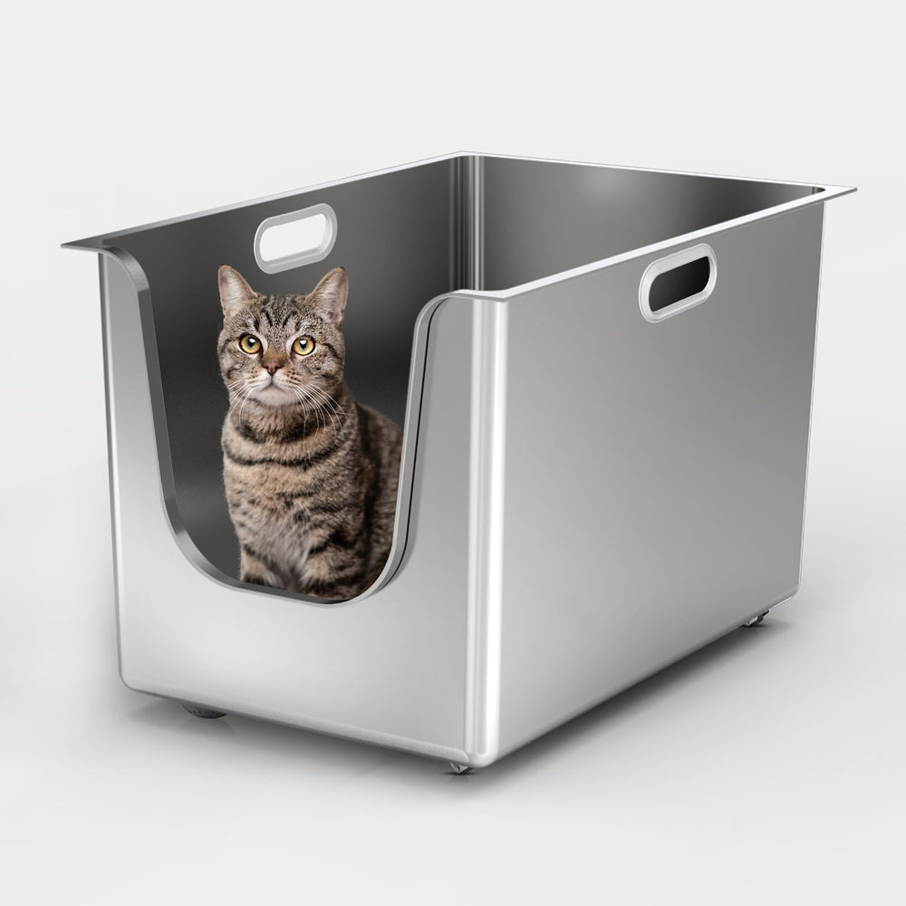 PTFFF stainless-steel litter box with high sides deters litter kick-out in busy homes.