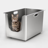 PTFFF stainless-steel litter box with high sides deters litter kick-out in busy homes.