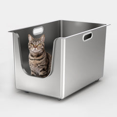 PTFFF stainless-steel litter box with high sides deters litter kick-out in busy homes.