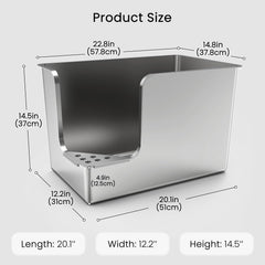 PTFFF stainless steel litter box top view highlights overflow-free, easy-to-clean surface.