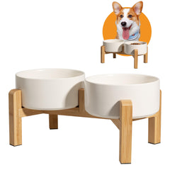 PTOBER elevated ceramic dog bowl set closeup highlights sturdy bowls and bamboo stand stability.
