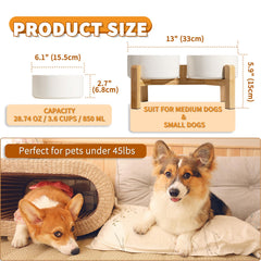PTOBER elevated ceramic dog bowls on bamboo stand show anti-slip feet for mess-free meals.