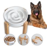 PTOBER elevated slow feeder bowl white with bamboo stand promotes paced meals.
