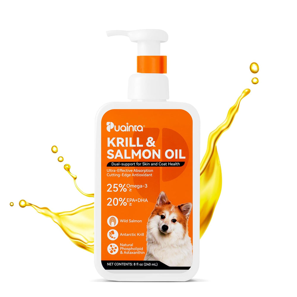 PUAINTA krill and salmon oil bottle supports healthy skin and shiny coat for dogs and cats.