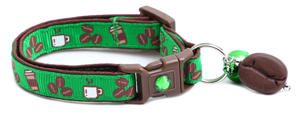 Pugs to Persians Coffee Cat Collar with Bell in green, adjustable large for safe outdoor play.