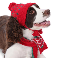 PUMYPOREITY dog Christmas hat close-up with soft plush fabric for festive photos.
