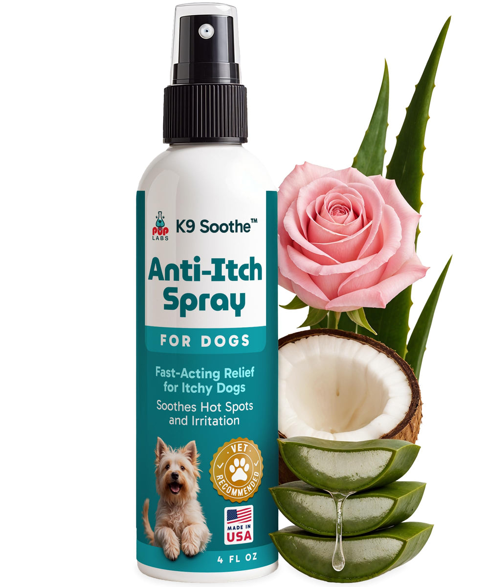 Pup Labs K9 Soothe spray 4oz bottle provides quick relief for itchy hot spots.