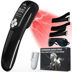 PUPCA cold laser therapy device front view for horses, portable treatment.