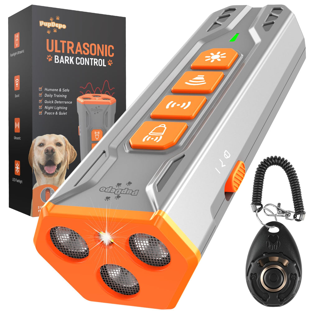 PupDepo ultrasonic bark deterrent front view showing compact, humane design for calm barking control