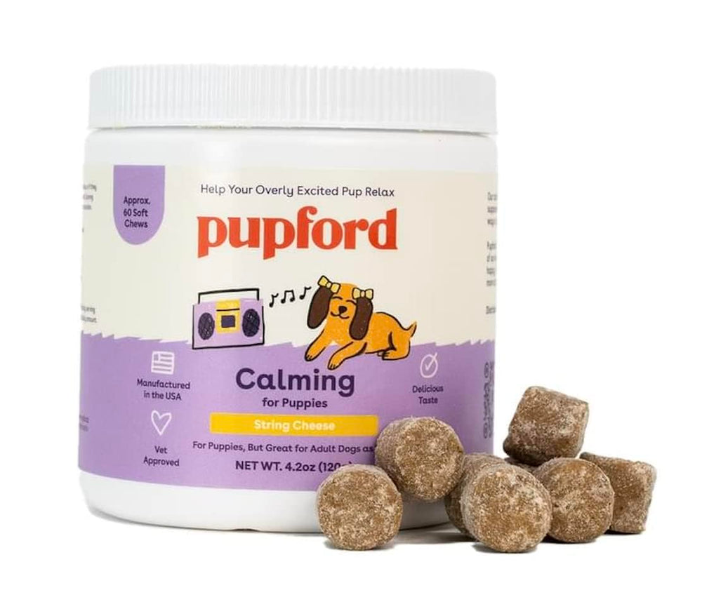 Pupford Calm bottle with label showing natural calming support for dogs