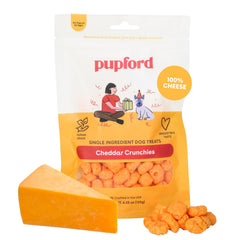 Pupford Cheese Crunchies bag front showcases all-natural cheddar treats for dogs.