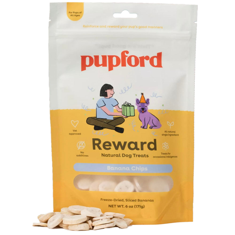 Pupford freeze dried banana chip treat bag showing a simple, portable reward for on-the-go training