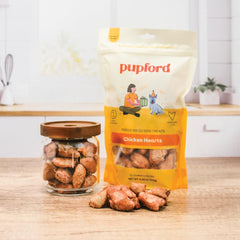 Pupford Freeze Dried Chicken Hearts bag close-up highlights single ingredient snack.