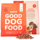 Pupford Good Dog Food beef recipe 16oz bag shows premium freeze-dried nutrition for active dogs.
