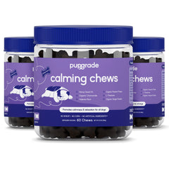 PupGrade Calming Soft Chews bottle on shelf signals grain-free calming support for dogs.