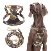 Puppytie dog harness camouflage brown close-up showing comfortable chest fit for medium dogs