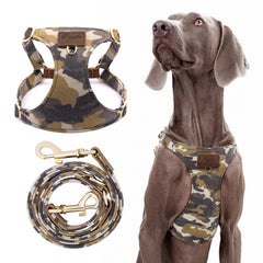 Puppytie dog harness camouflage brown close-up showing comfortable chest fit for medium dogs