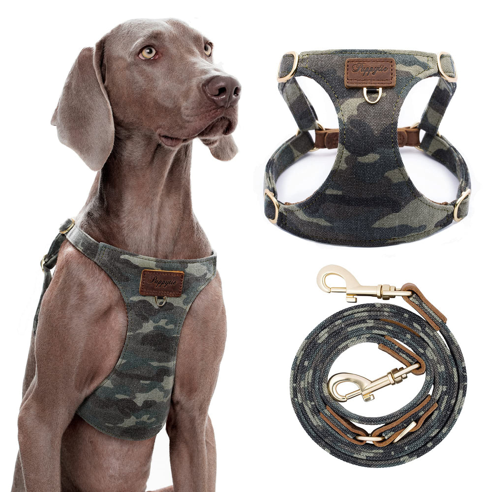 Puppytie dog harness camouflage green reduces pulling for comfortable walks.