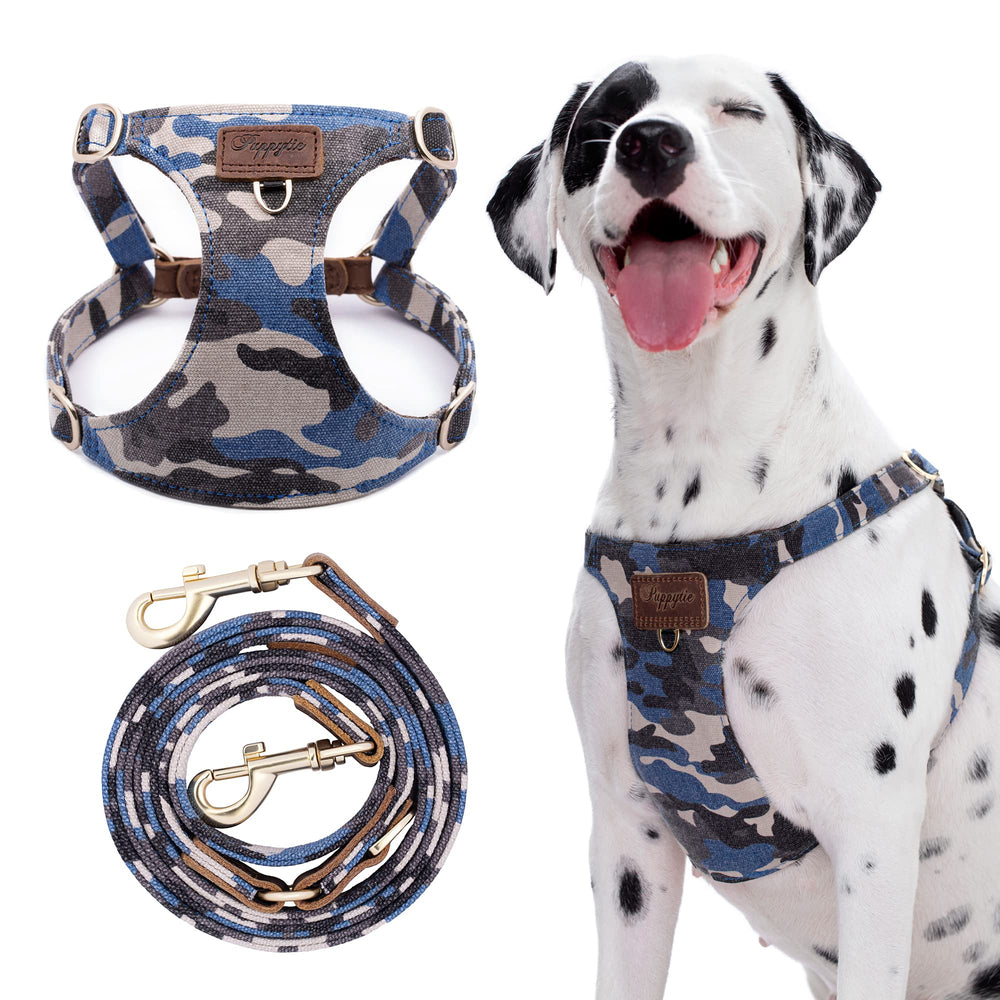 Puppytie dog harness no-pull camouflage blue front view promotes controlled, comfortable walks.
