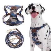 Puppytie dog harness no-pull camouflage blue front view promotes controlled, comfortable walks.
