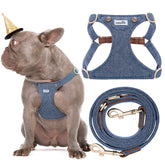 Puppytie No Pull harness front view showing escape-proof denim design