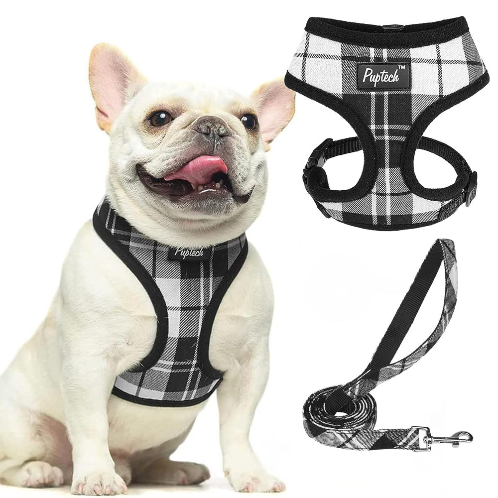 PUPTECK soft mesh harness front view highlighting plaid design for comfortable daily walks.