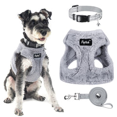 PUPTECK adjustable harness with soft plush gray warmth for cold-weather walks.