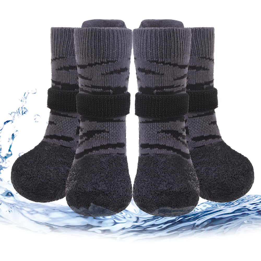 PUPTECK anti slip dog shoes on wood floor showing indoor grip