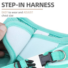 PUPTECK denim green harness air-mesh close-up emphasizes breathable material to keep fur dry.