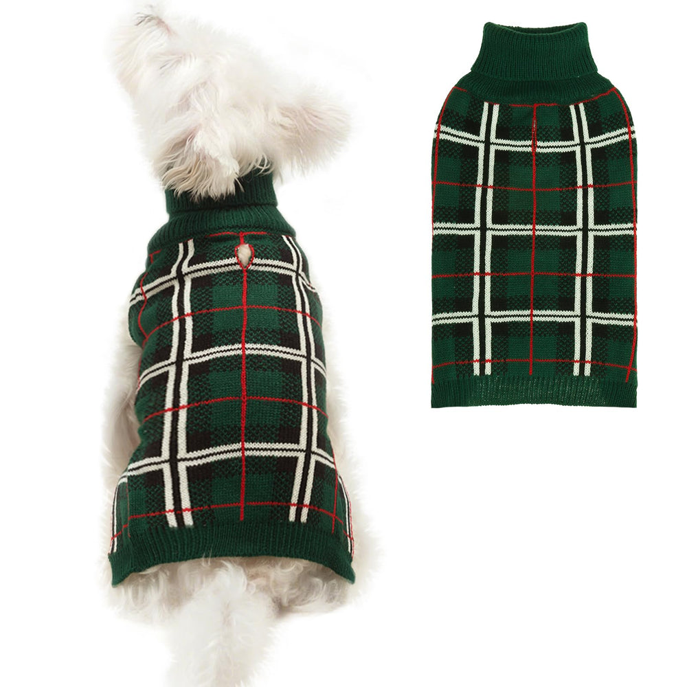 PUPTECK dog sweater in green plaid on a small dog for cozy winter warmth.