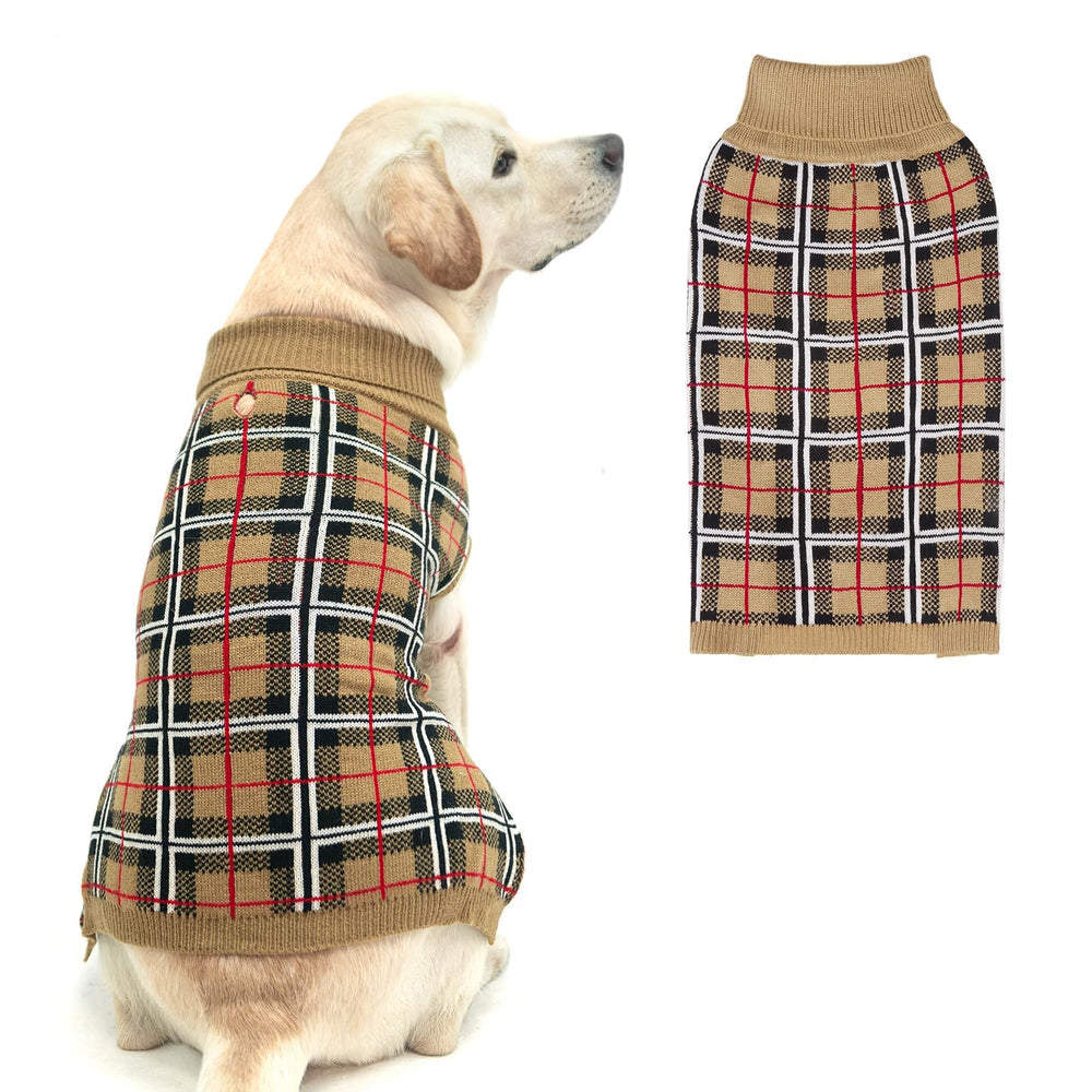 PUPTECK dog sweater plaid front view delivers cozy warmth for cold walks.