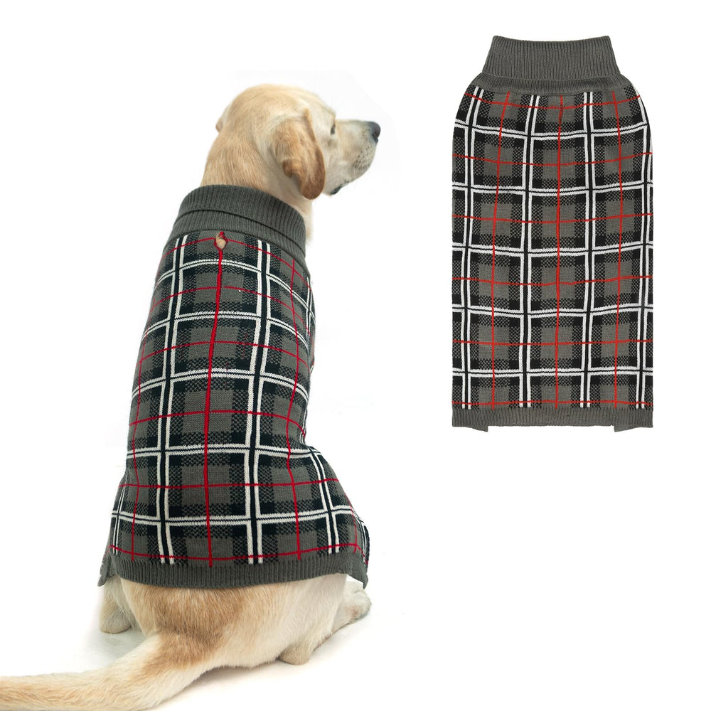 PUPTECK plaid grey dog sweater front view keeps your pet warm on walks.