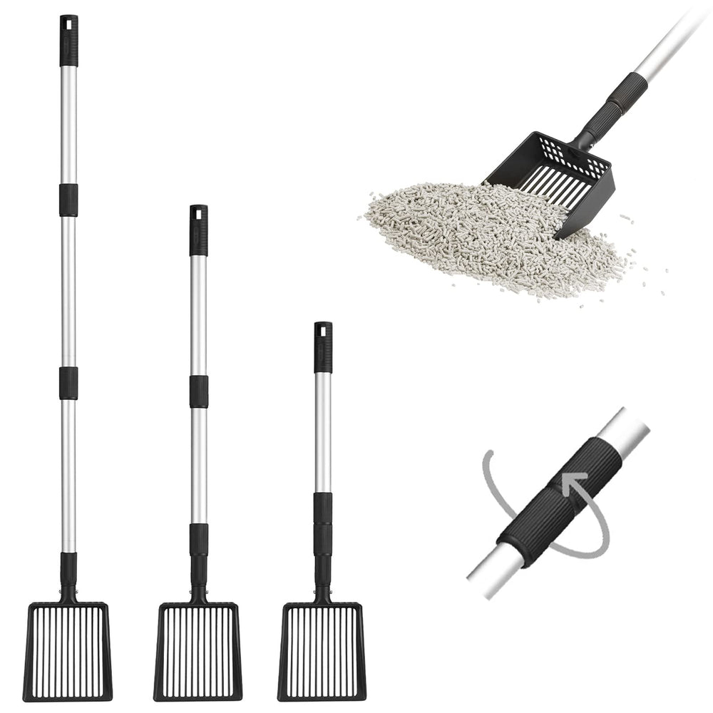 PUPTECK long-handle cat litter scoop showing reach and quick sifting capability.