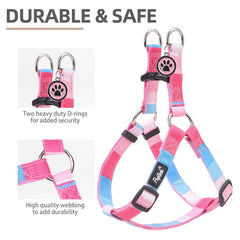 PUPTECK No Pull harness striped pink side adjustment demonstrating secure, adjustable fit.