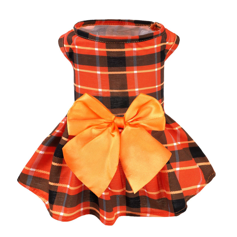 PUPTECK plaid fall dog dress front view with bowtie for stylish autumn outings.