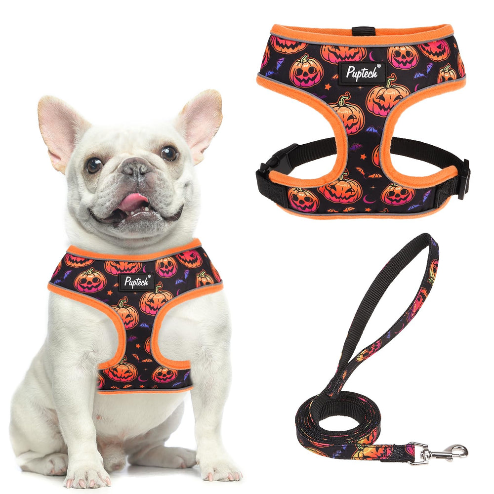 PUPTECK soft mesh harness Halloween orange front view shows breathable comfort for daily walks.