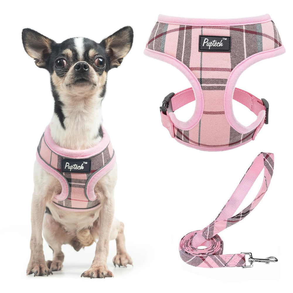 PUPTECK soft mesh harness pink front view shows lightweight comfort for tiny pets