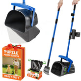 Pupzle dog pooper scooper with 40-inch handle for back-friendly yard cleanup.