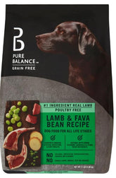 Pure Balance lamb-fava-bean dry dog food bag highlights grain-free recipe for digestion-friendly meals.