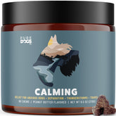 Pure Dogs Co calming chews bottle showing hemp blend for canine stress relief