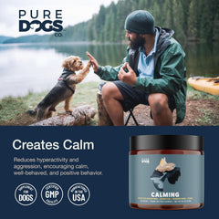 Pure Dogs Co calming chews packaging front highlighting gluten-free, gentle stomach support