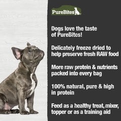 PureBites beef freeze-dried treats on a dog bowl—topper or reward option.