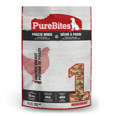 PureBites freeze-dried chicken treats in a 11.6oz bag with high protein per bite.