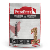 PureBites chicken freeze-dried dog treats bag open offering convenient training rewards with single-ingredient protein.