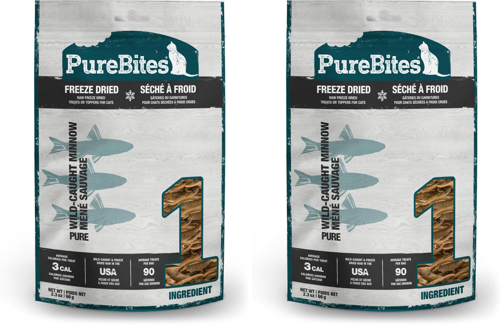 PureBites Minnow 2-pack on shelf shows simple protein snack for cats.